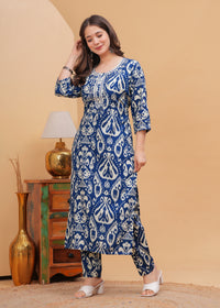 Dark Blue Ethnic Printed Round Neck Pure Cotton Kurta with Pant