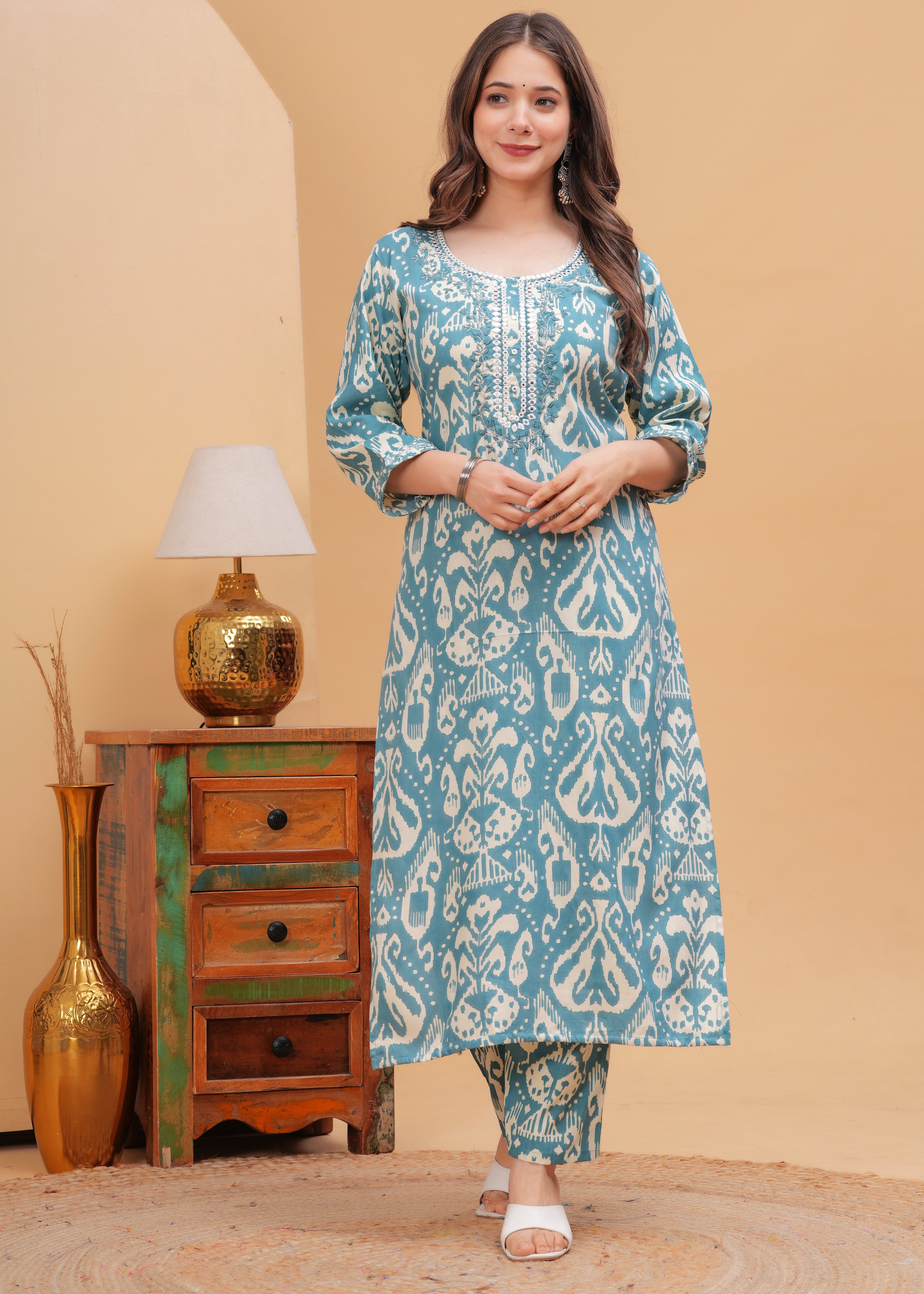 Aqua Blue Ethnic Printed Round Neck Pure Cotton Kurta with Pant