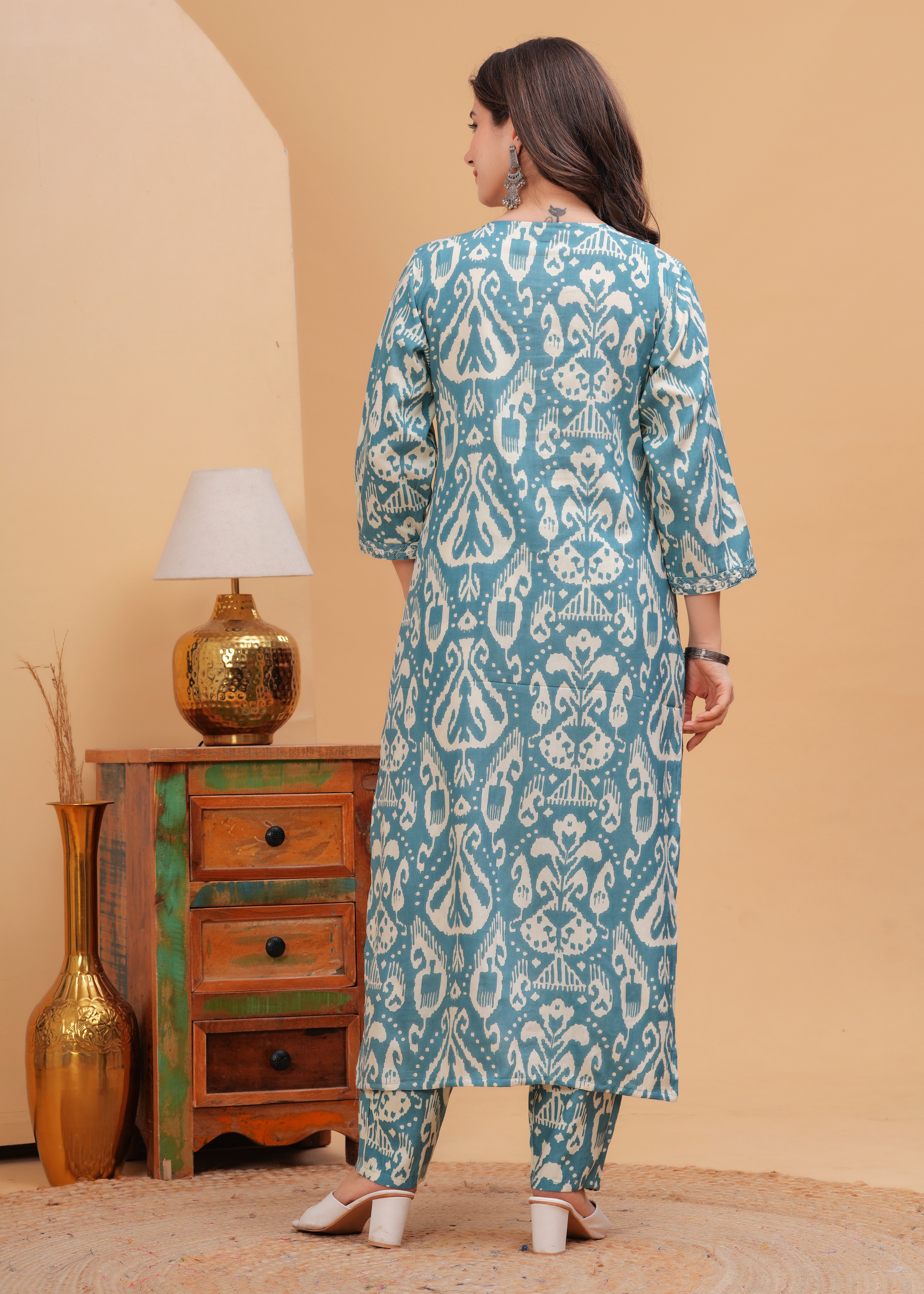 Light Sea Green Ethnic Printed Round Neck Pure Cotton Kurta with Pant
