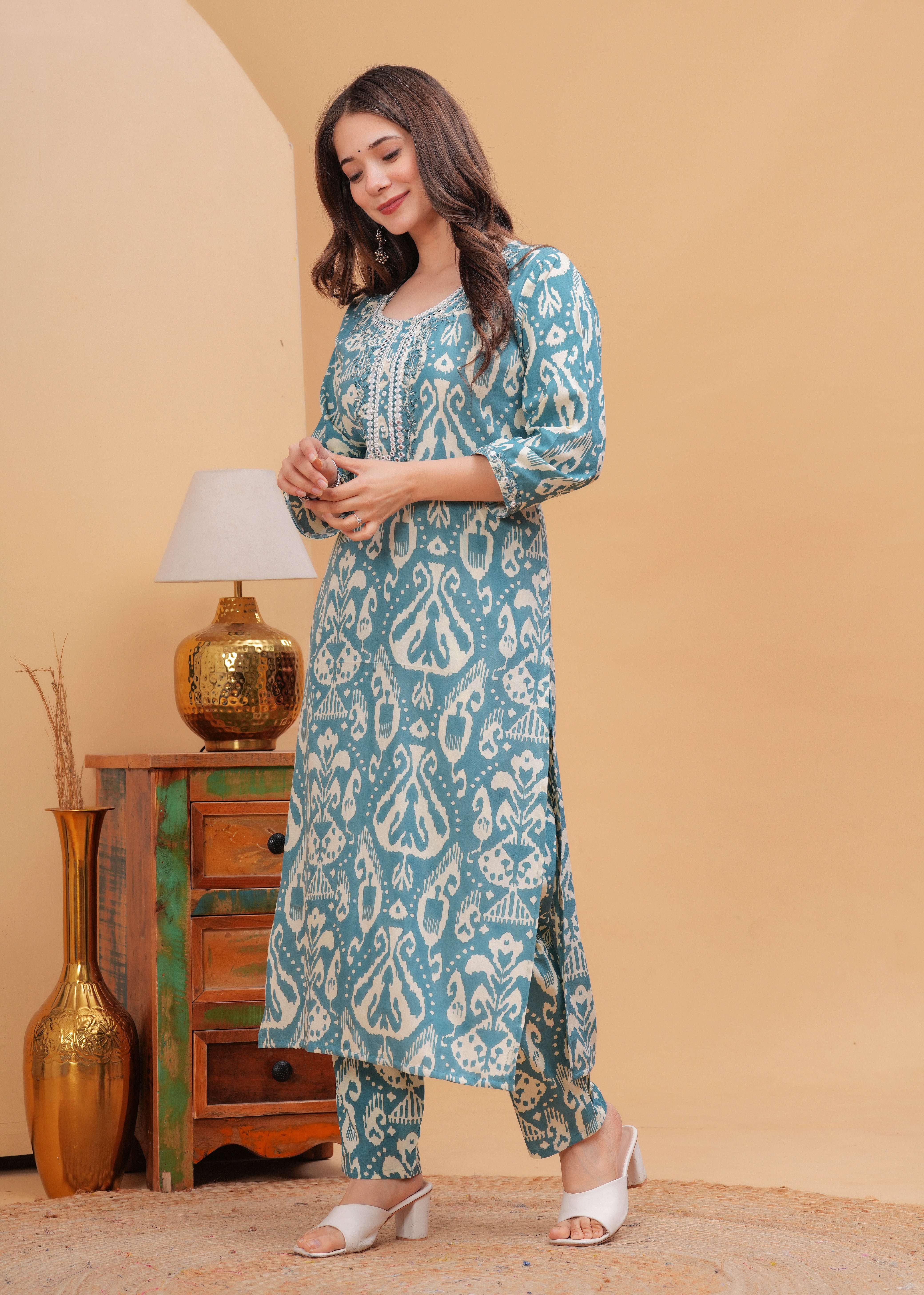 Light Sea Green Ethnic Printed Round Neck Pure Cotton Kurta with Pant