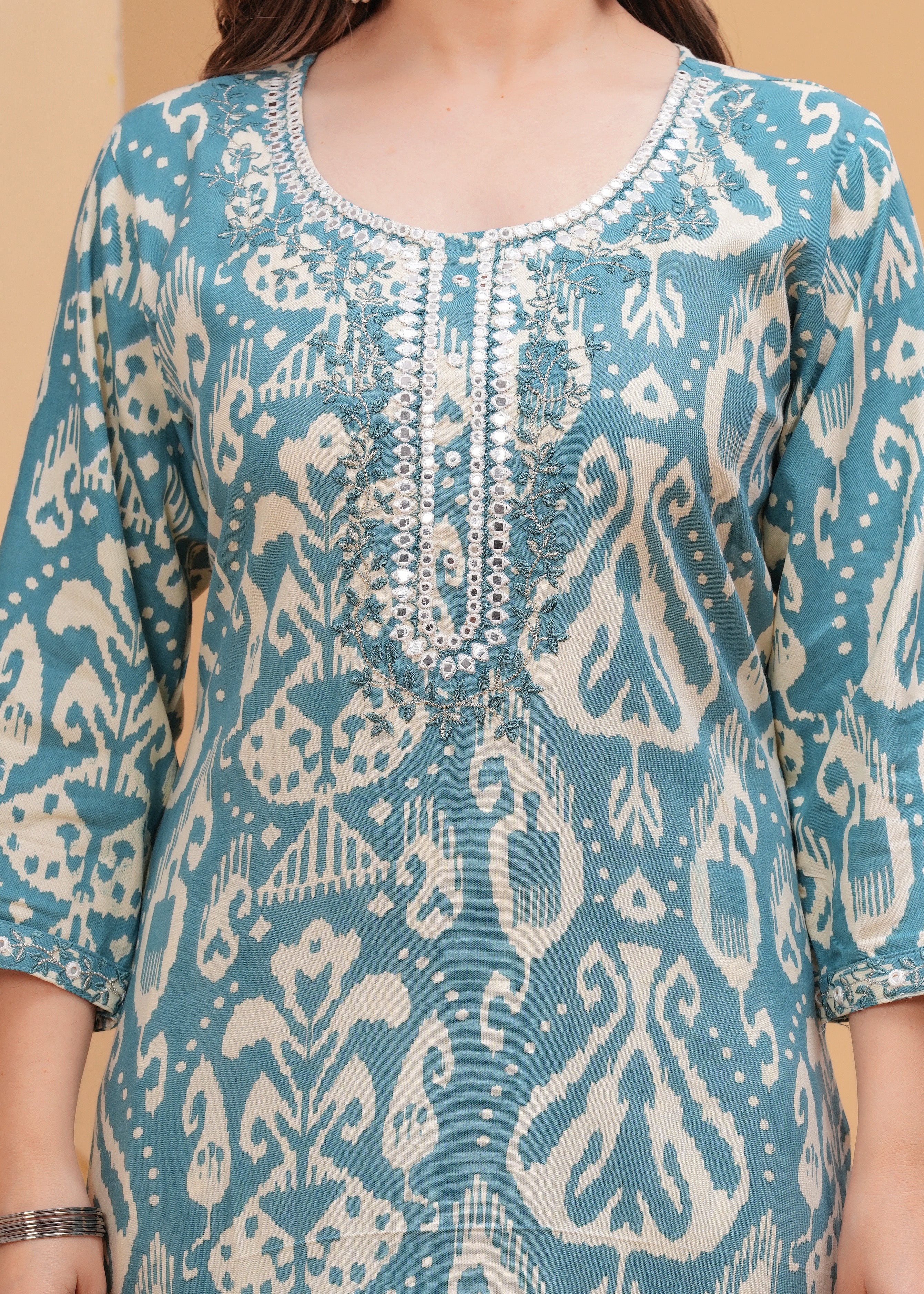 Light Sea Green Ethnic Printed Round Neck Pure Cotton Kurta with Pant