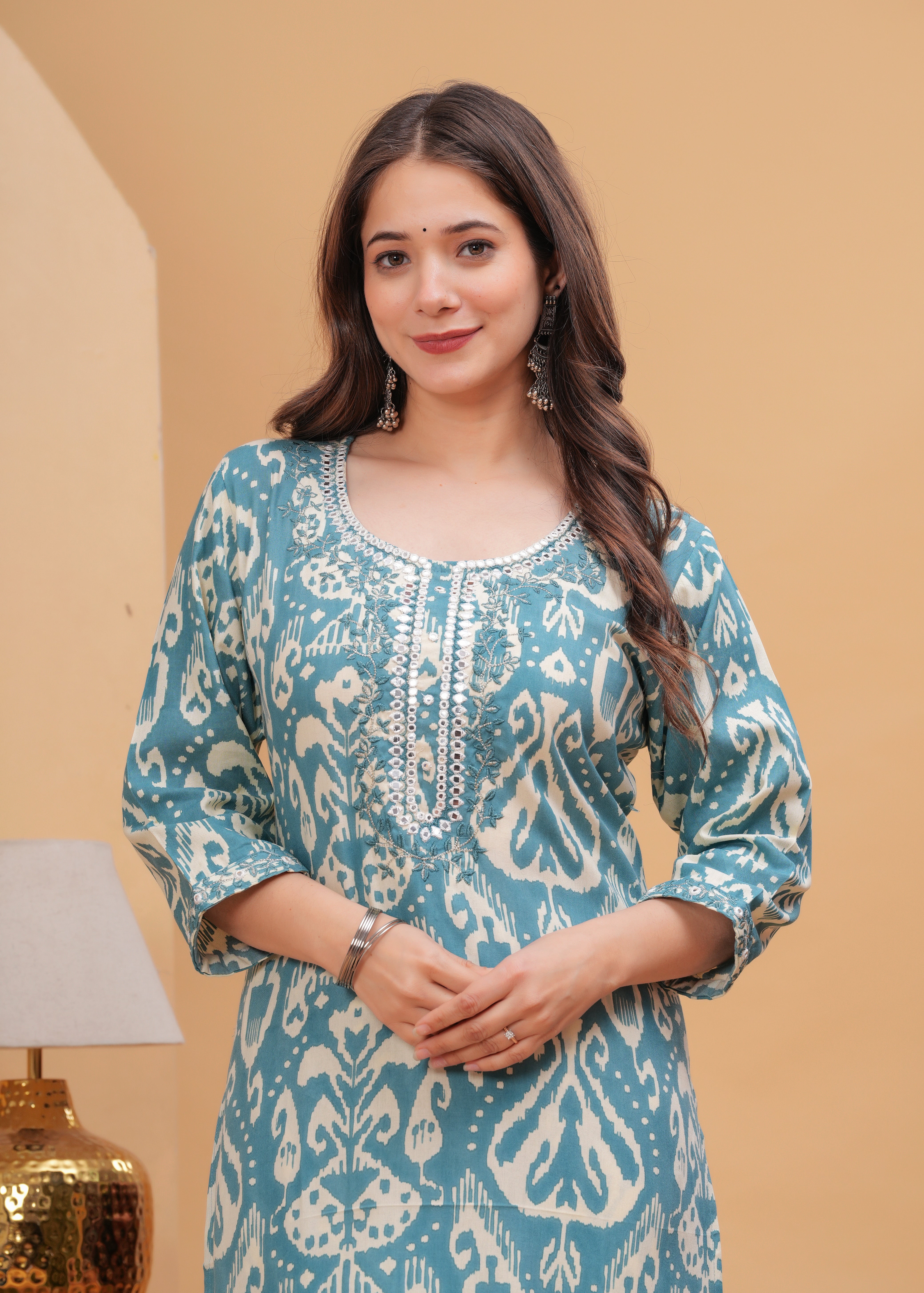 Light Sea Green Ethnic Printed Round Neck Pure Cotton Kurta with Pant
