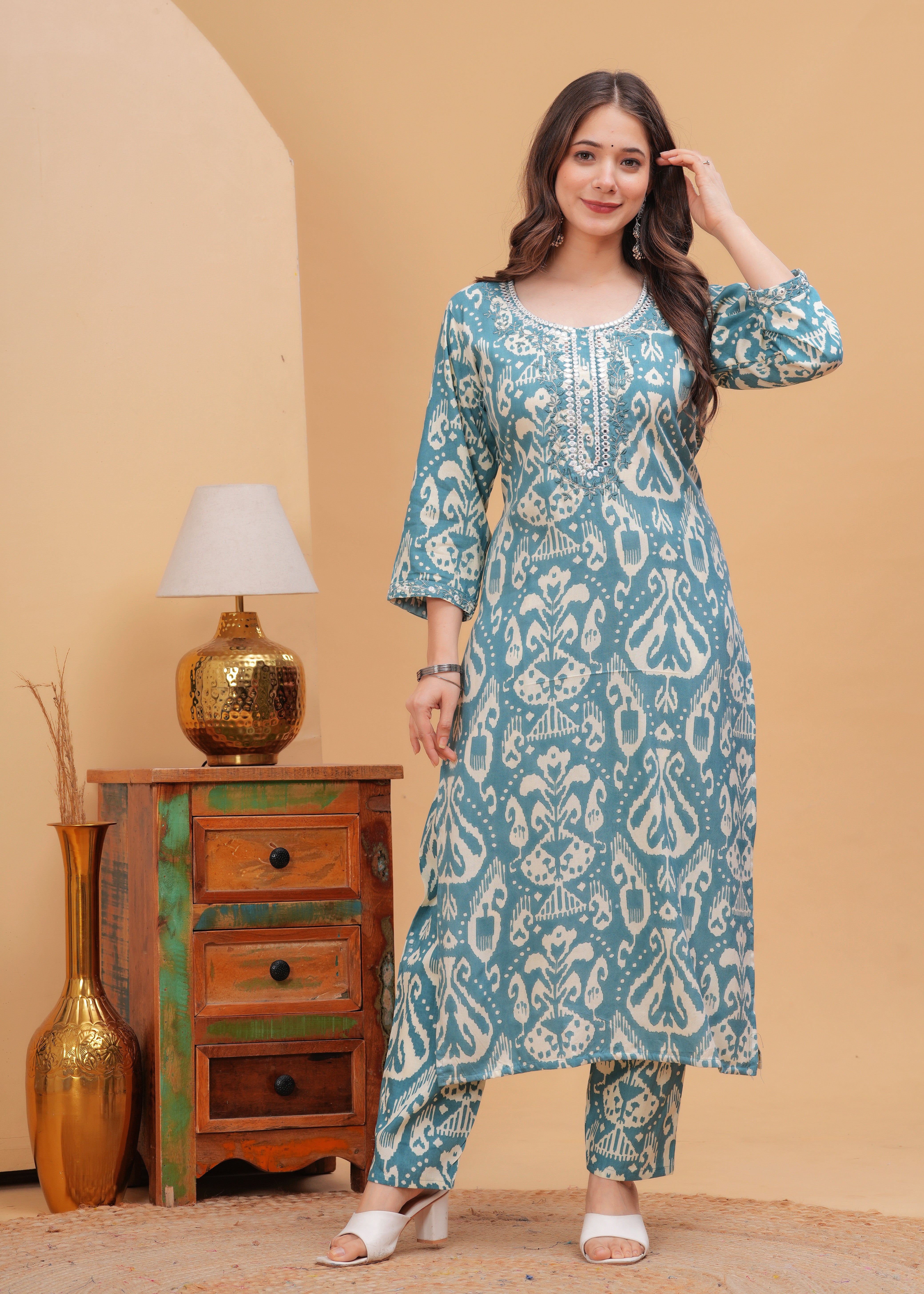 Light Sea Green Ethnic Printed Round Neck Pure Cotton Kurta with Pant