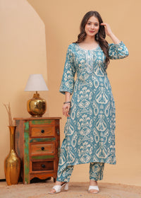 Light Sea Green Ethnic Printed Round Neck Pure Cotton Kurta with Pant