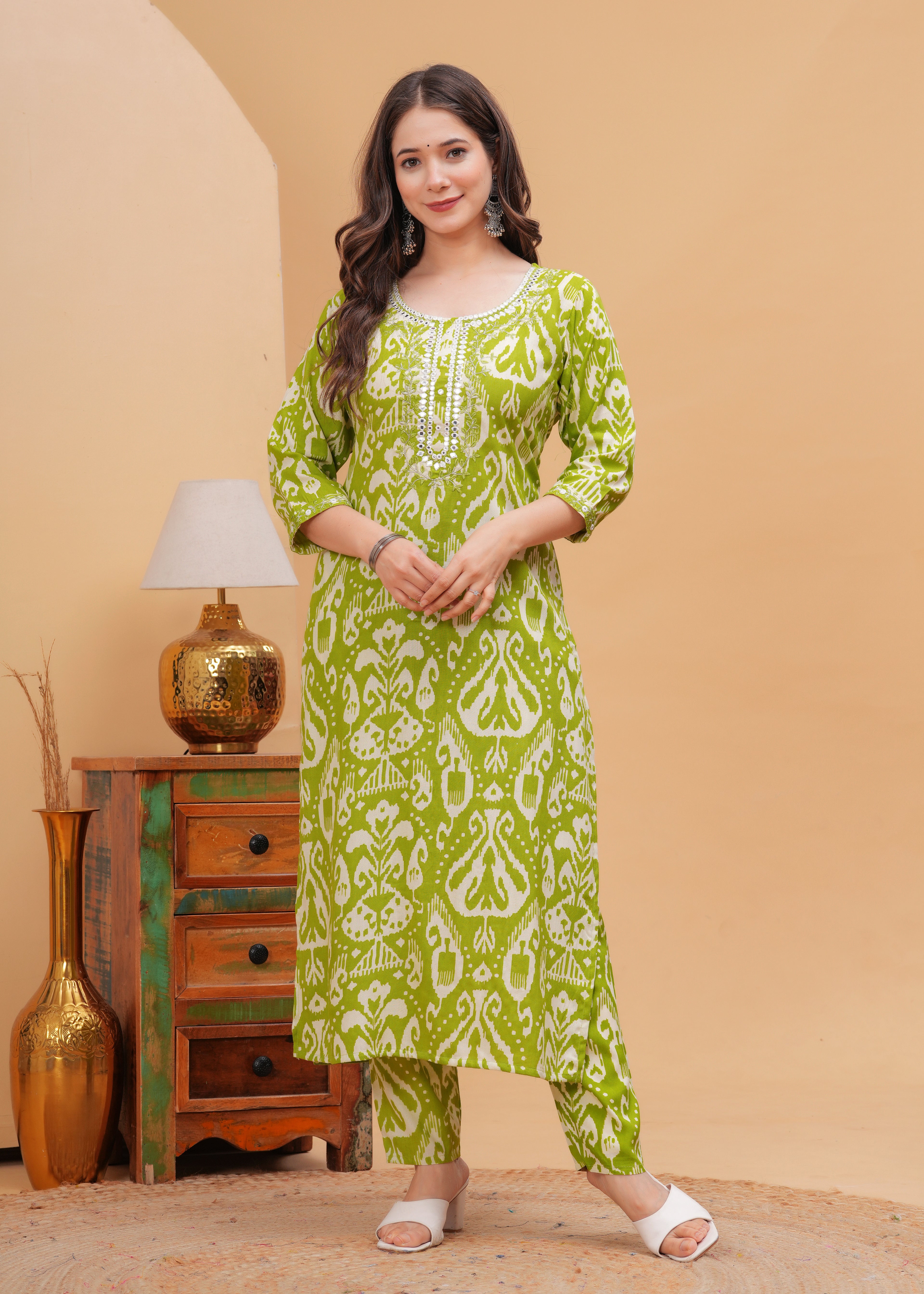 Aqua Blue Ethnic Printed Round Neck Pure Cotton Kurta with Pant