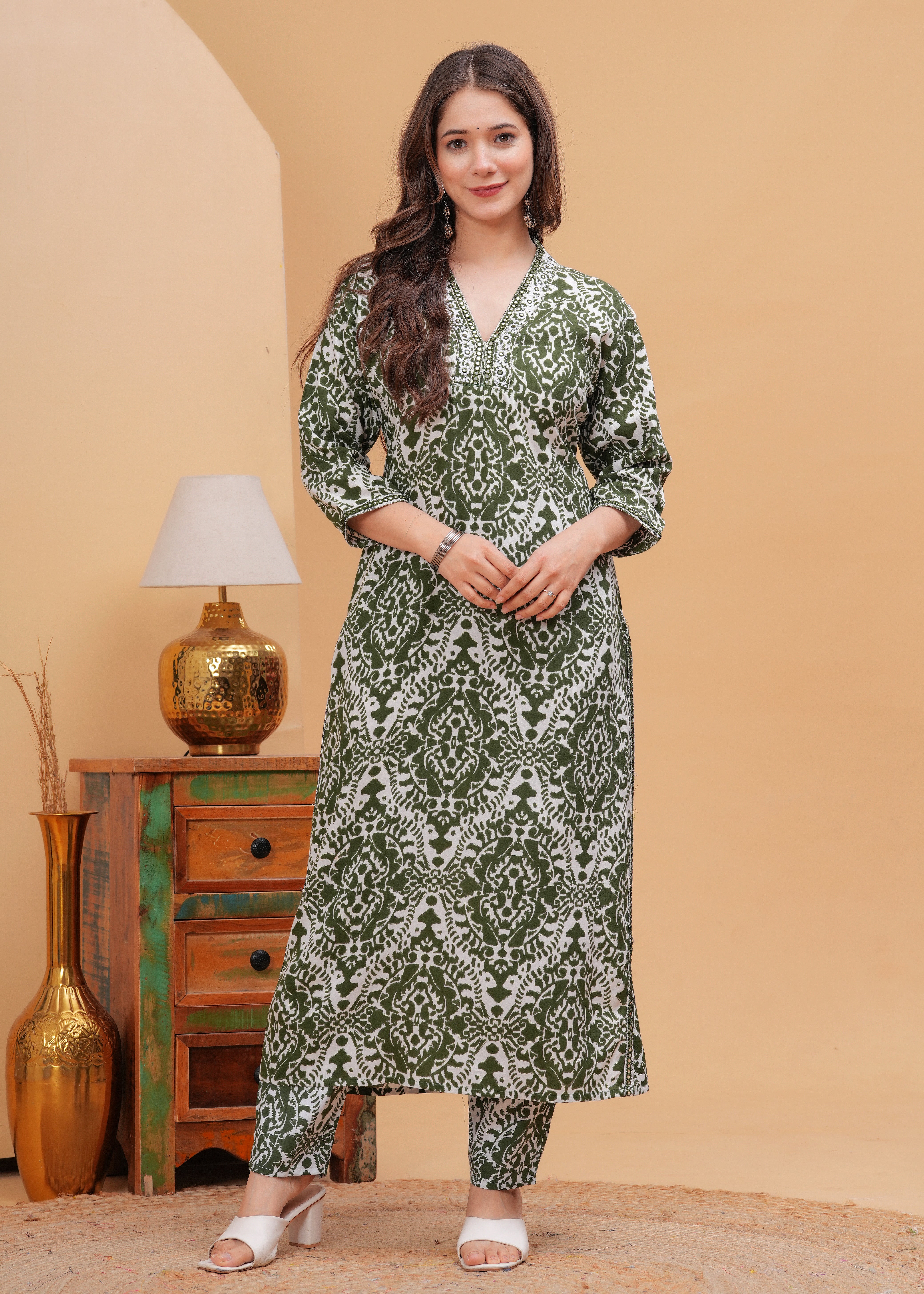 Olive Green Ethnic Printed Round Neck Pure Cotton Kurta with Pant