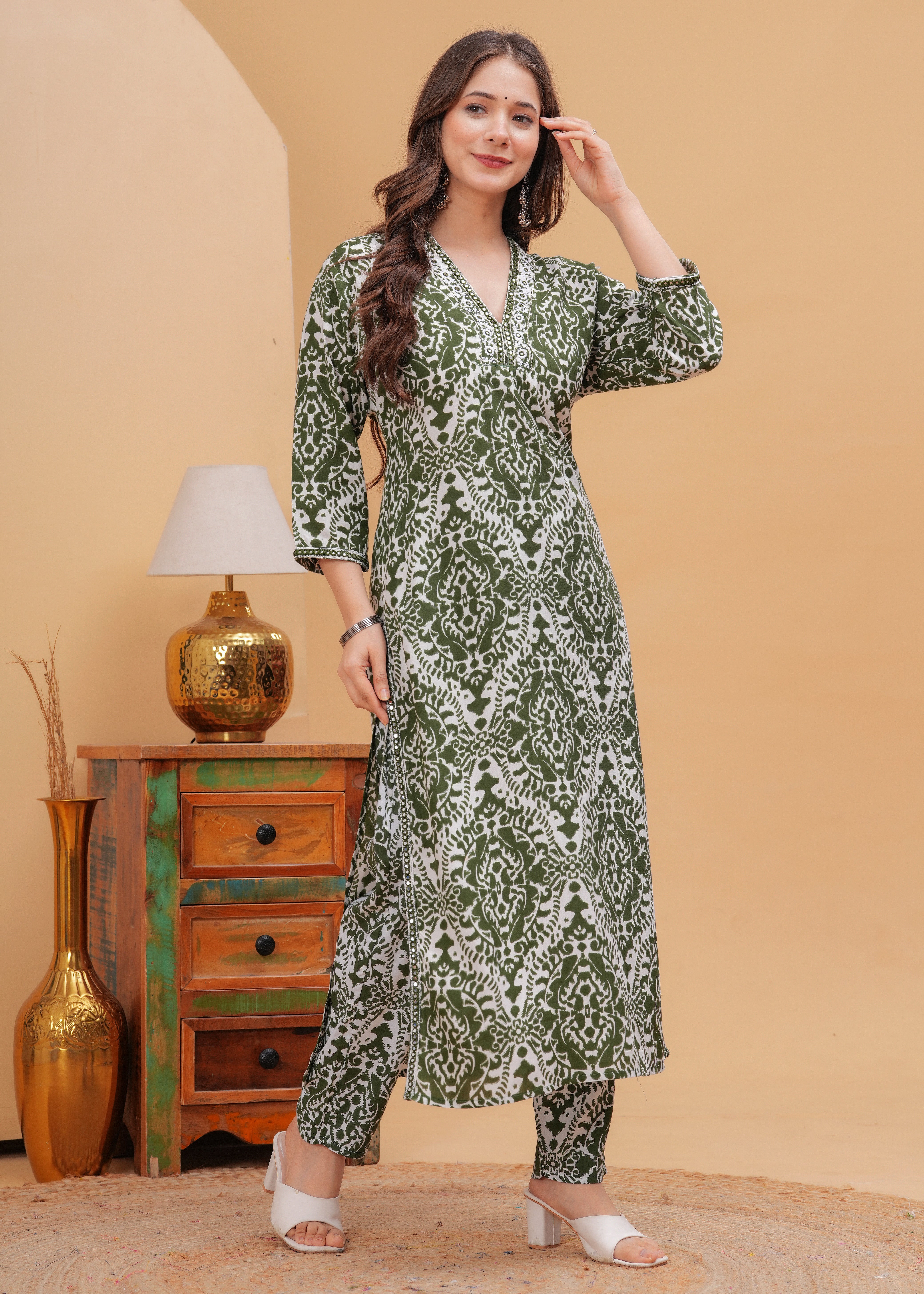 Olive Green Ethnic Printed Round Neck Pure Cotton Kurta with Pant