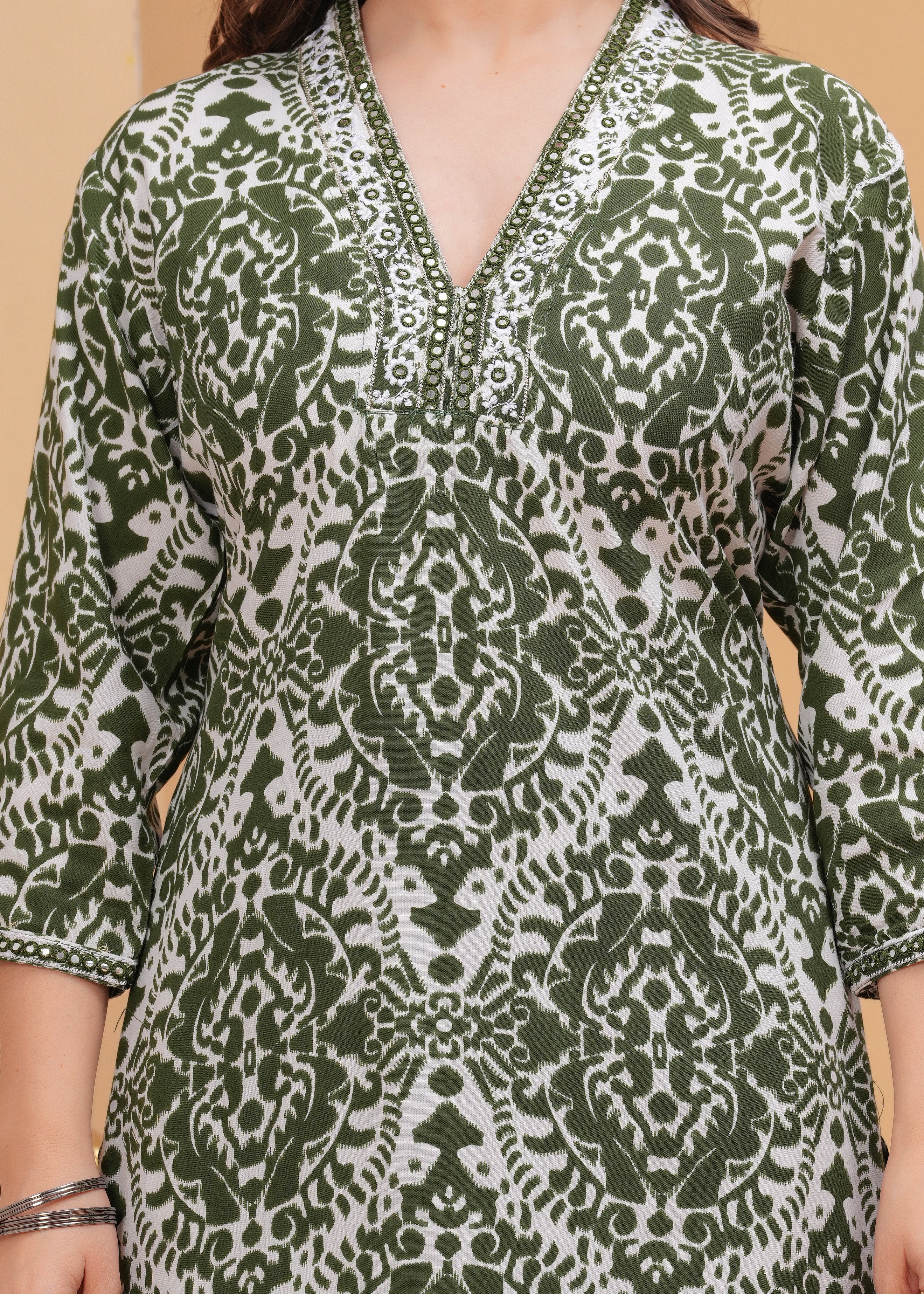 Olive Green Ethnic Printed Round Neck Pure Cotton Kurta with Pant