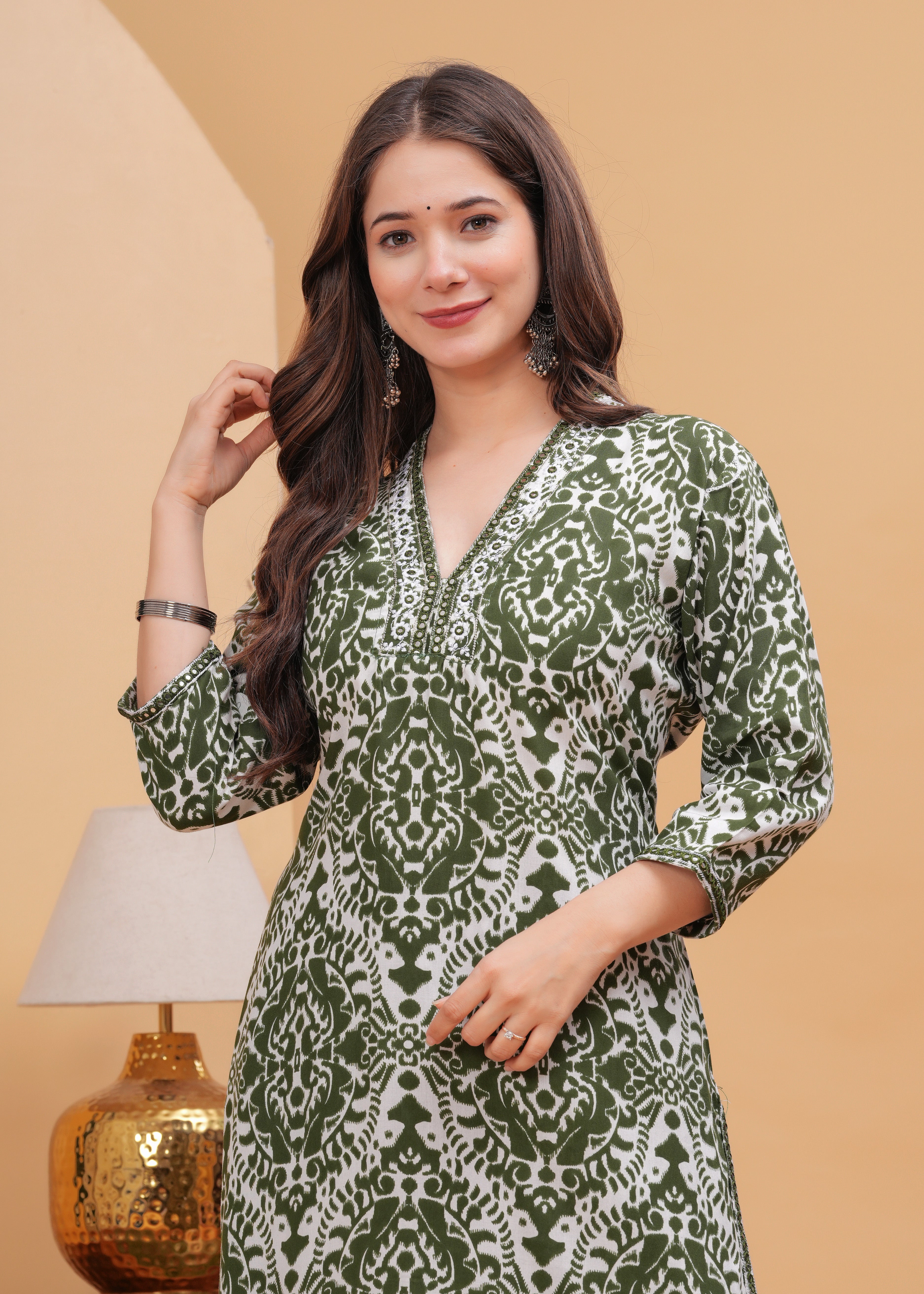 Olive Green Ethnic Printed Round Neck Pure Cotton Kurta with Pant