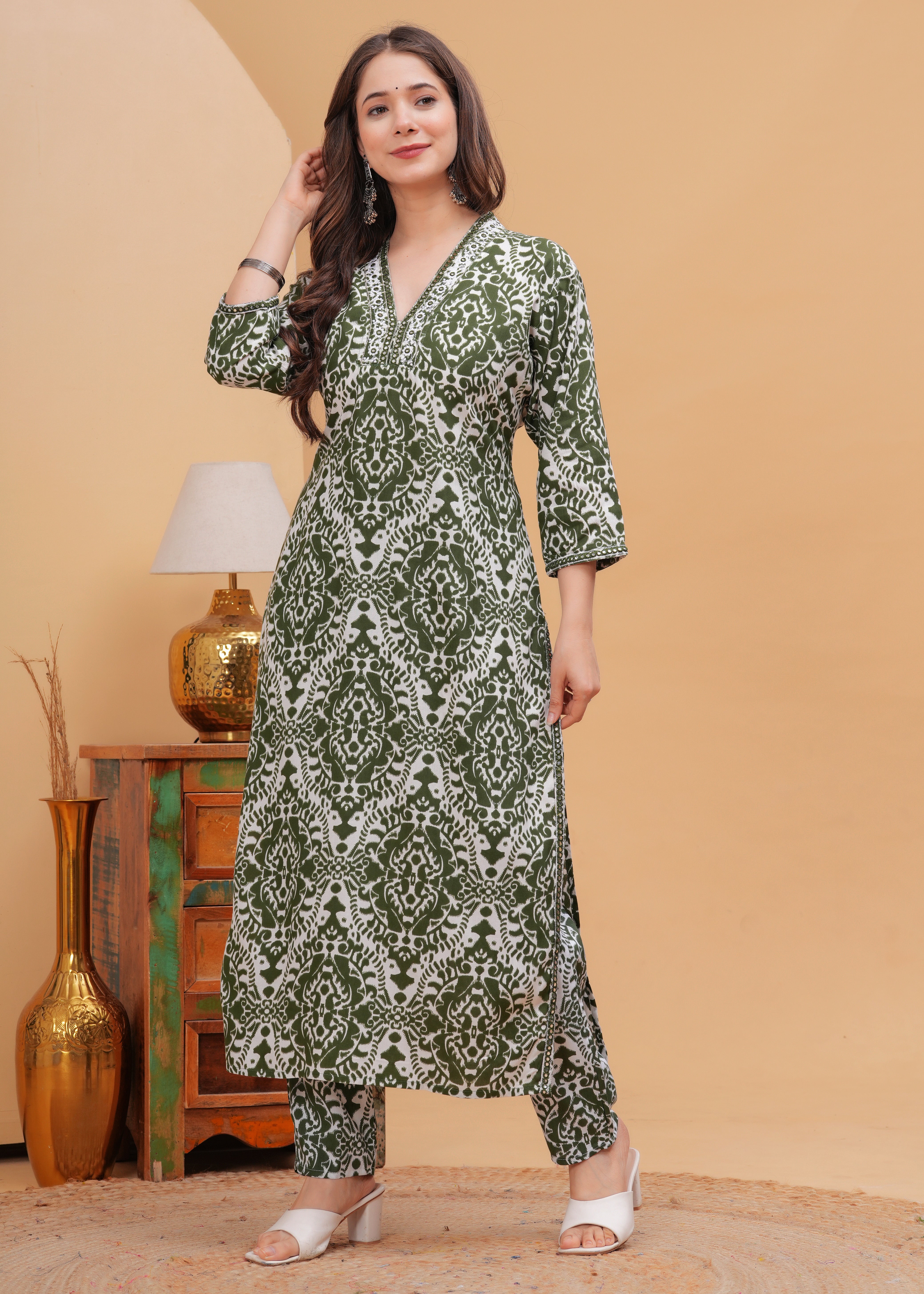 Olive Green Ethnic Printed Round Neck Pure Cotton Kurta with Pant