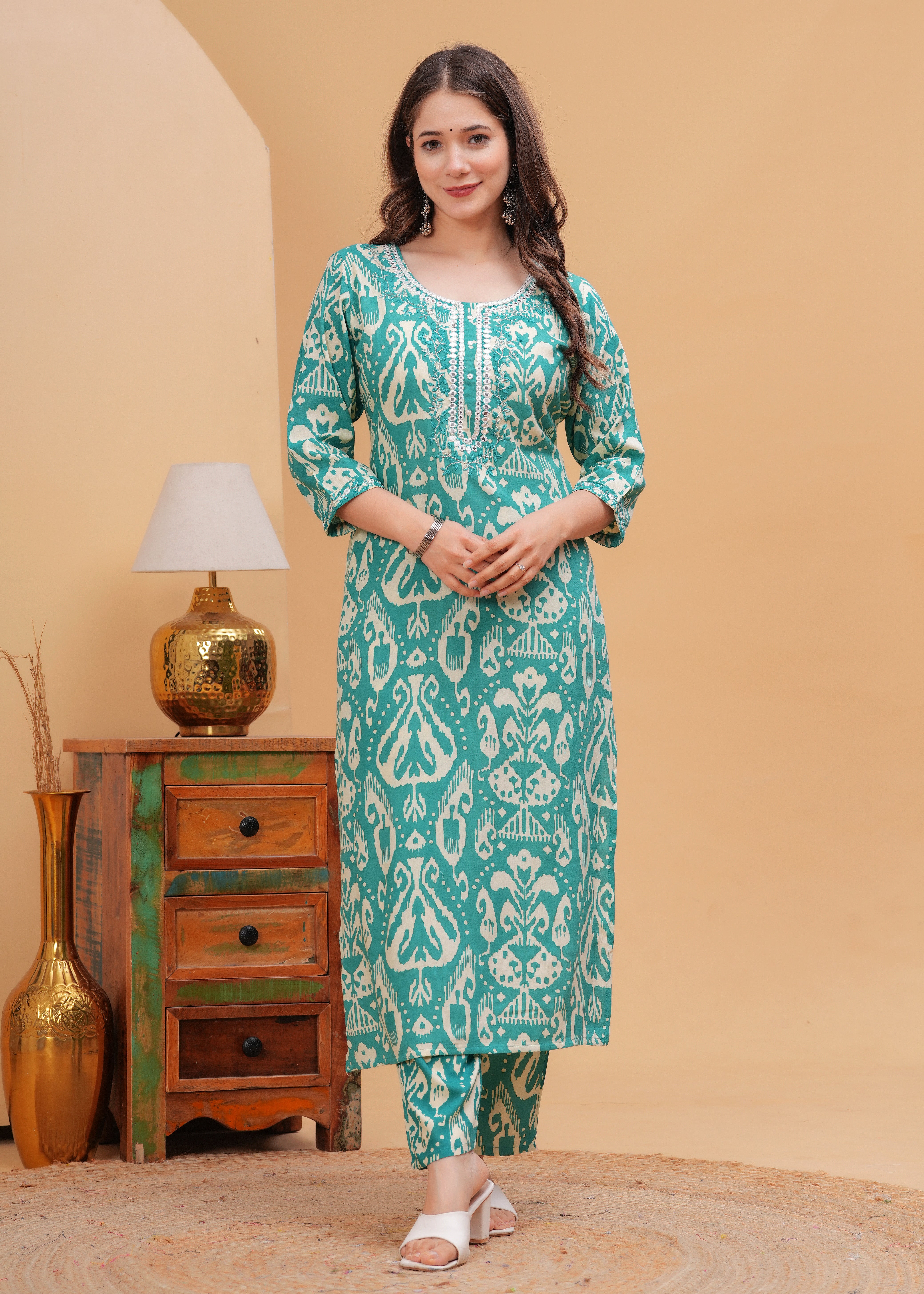 Sea Green Ethnic Printed Round Neck Pure Cotton Kurta with Pant