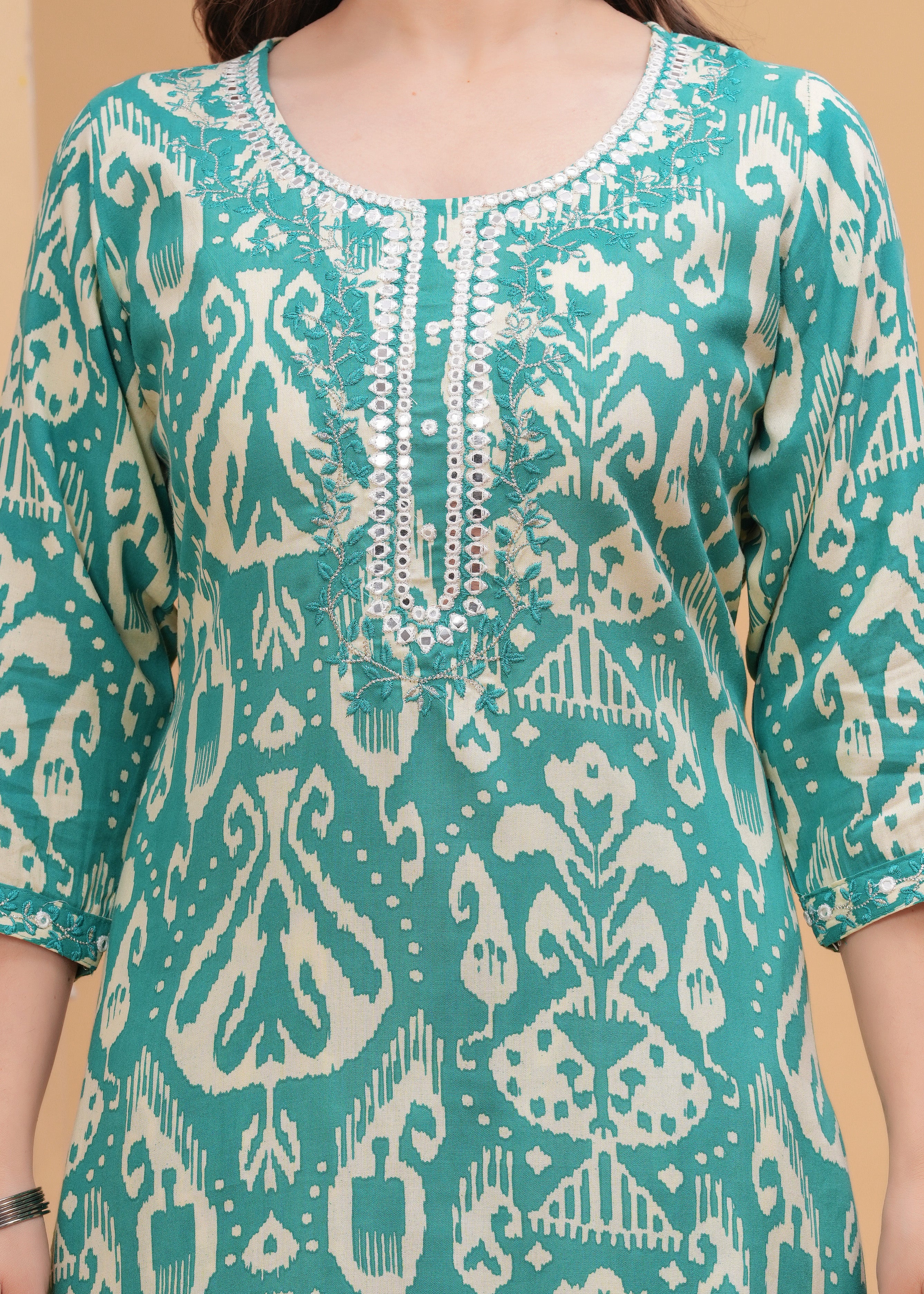Sea Green Ethnic Printed Round Neck Pure Cotton Kurta with Pant