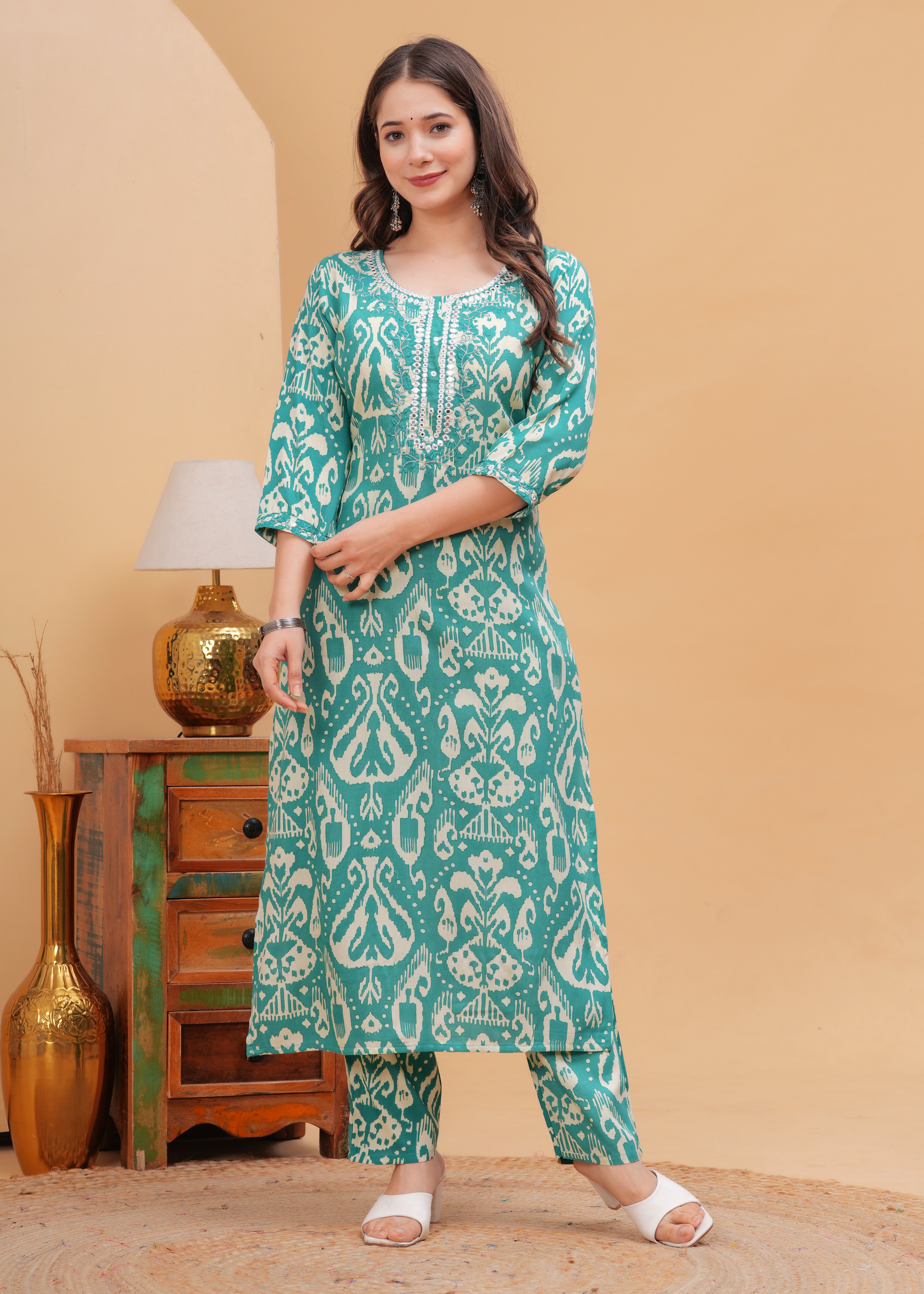 Sea Green Ethnic Printed Round Neck Pure Cotton Kurta with Pant