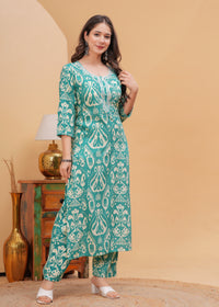 Sea Green Ethnic Printed Round Neck Pure Cotton Kurta with Pant