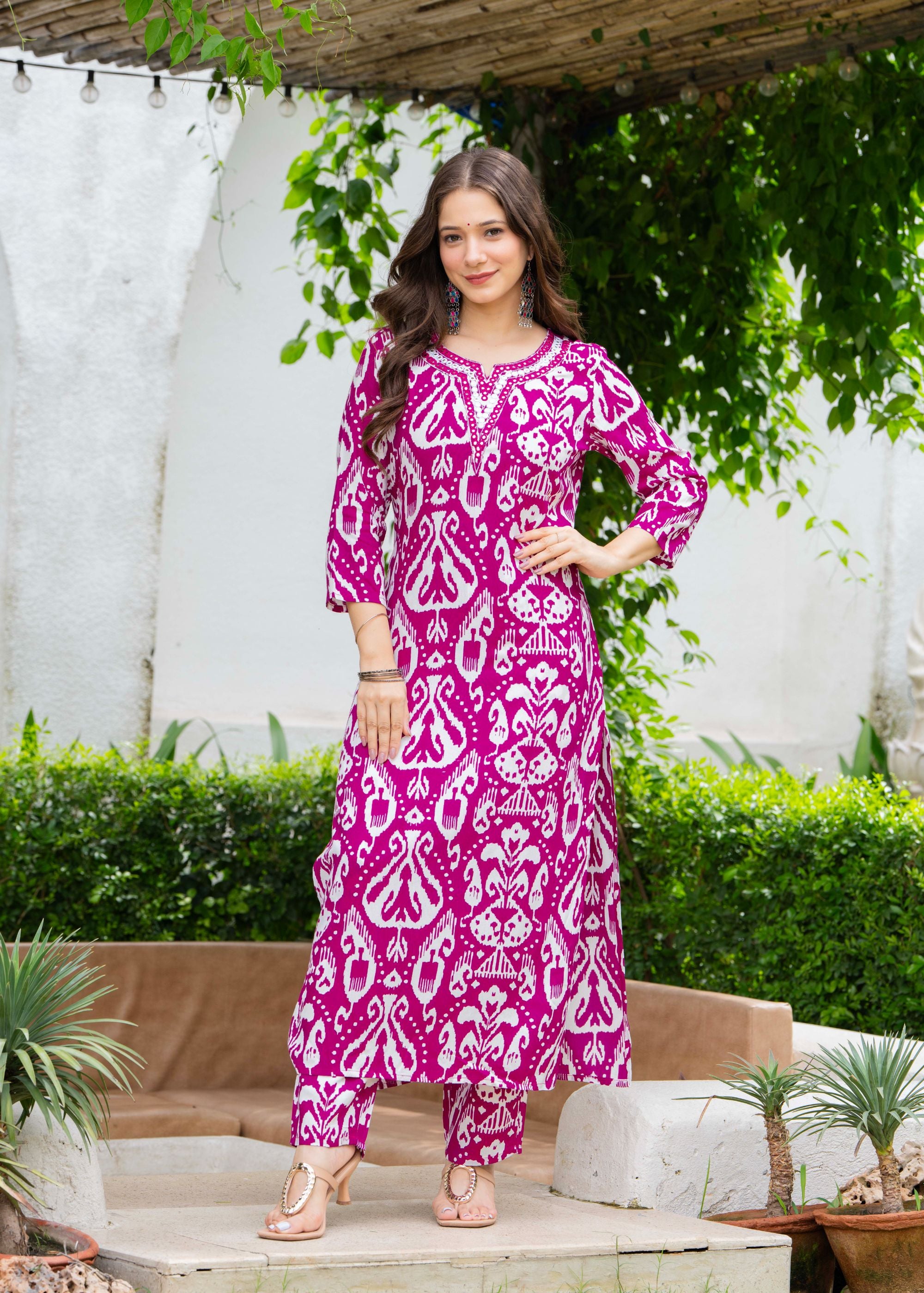 Aqua Blue Ethnic Printed Round Neck Pure Cotton Kurta with Pant