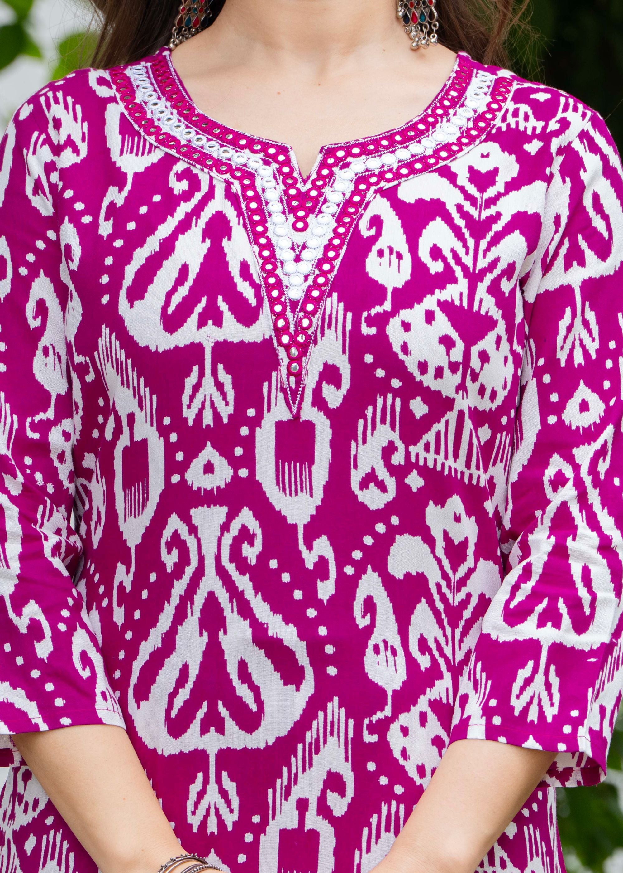 Deep Magenta Ethnic Printed Round Neck Pure Cotton Kurta with Pant