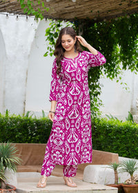 Deep Magenta Ethnic Printed Round Neck Pure Cotton Kurta with Pant