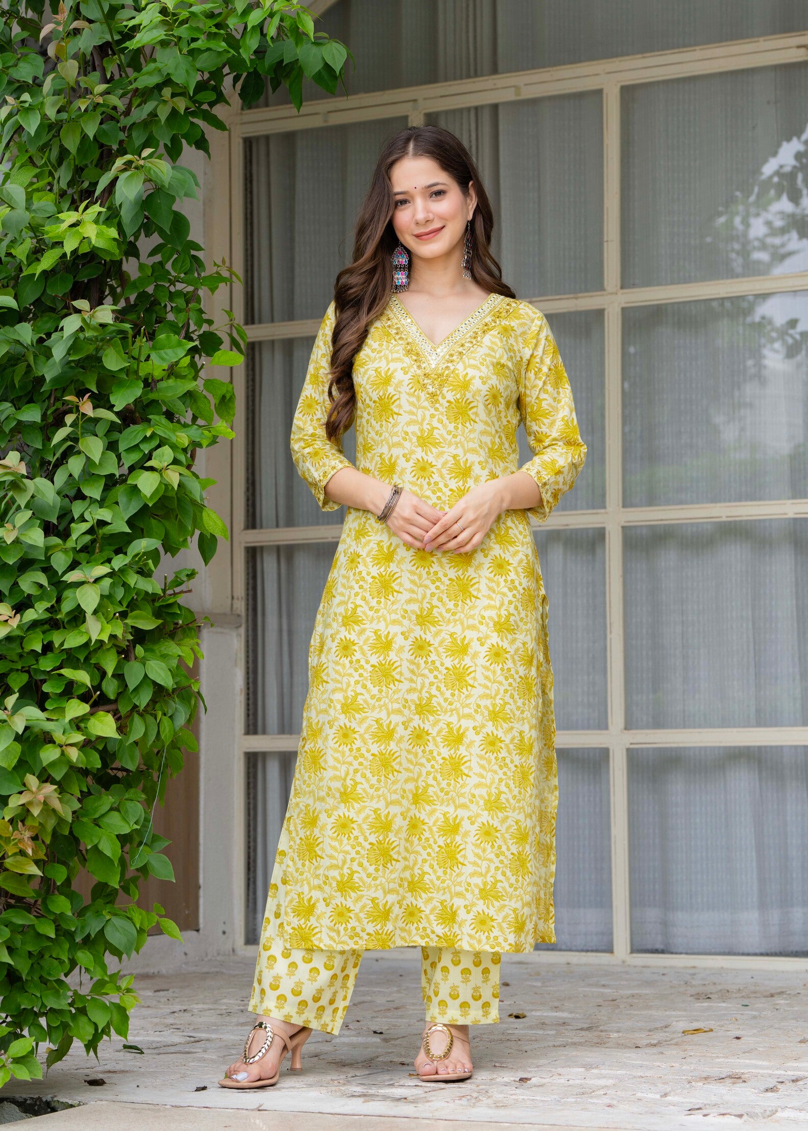 Yellow Ethnic Printed Round Neck Pure Cotton Kurta with Pant