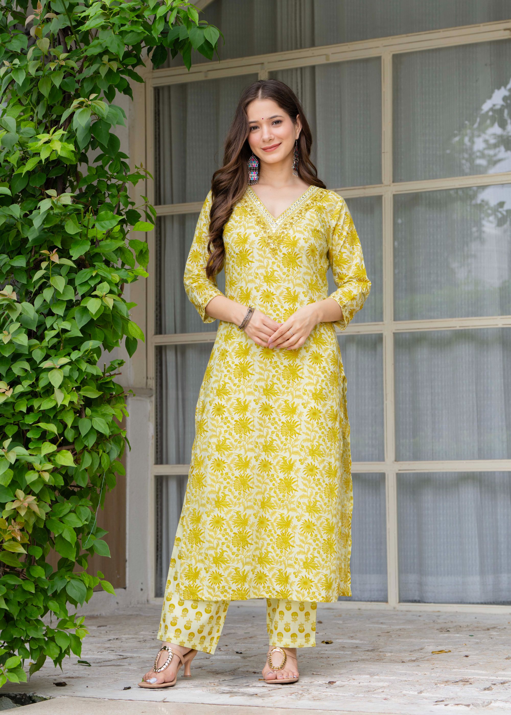 Aqua Blue Ethnic Printed Round Neck Pure Cotton Kurta with Pant