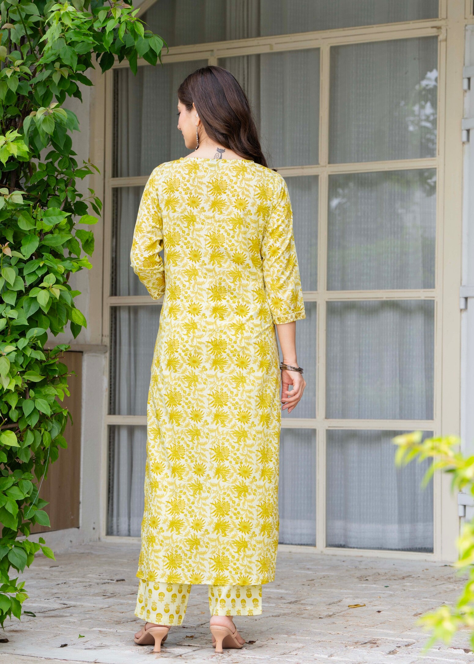 Yellow Ethnic Printed Round Neck Pure Cotton Kurta with Pant