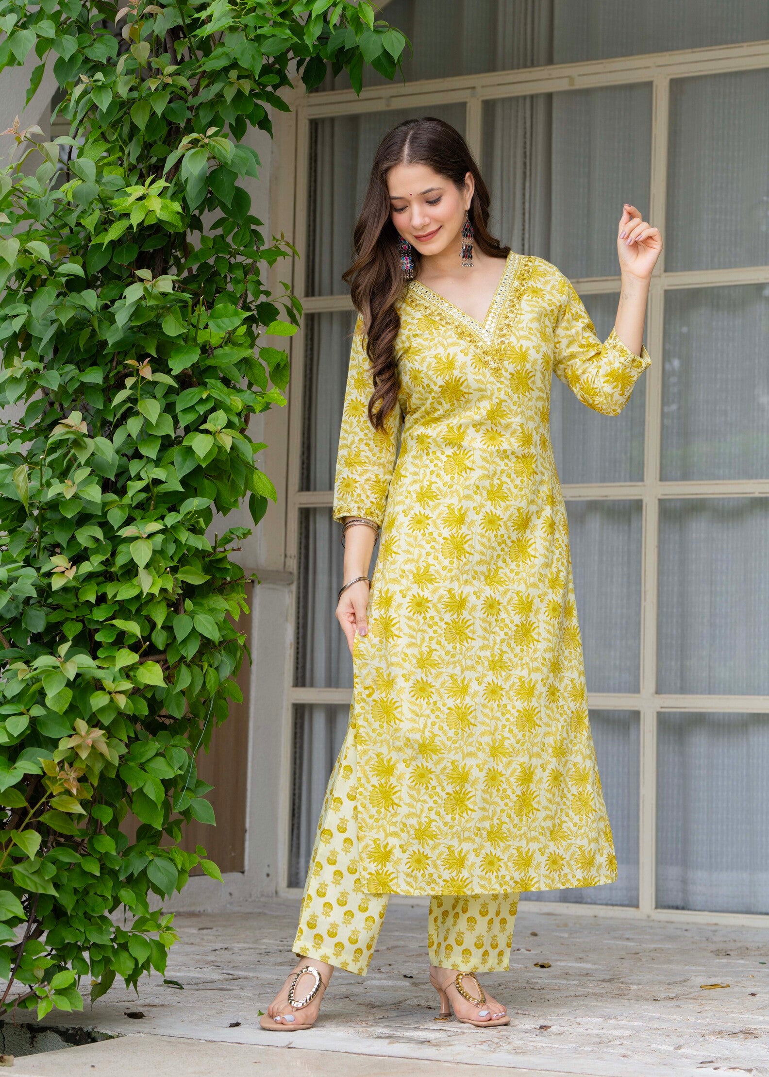 Yellow Ethnic Printed Round Neck Pure Cotton Kurta with Pant