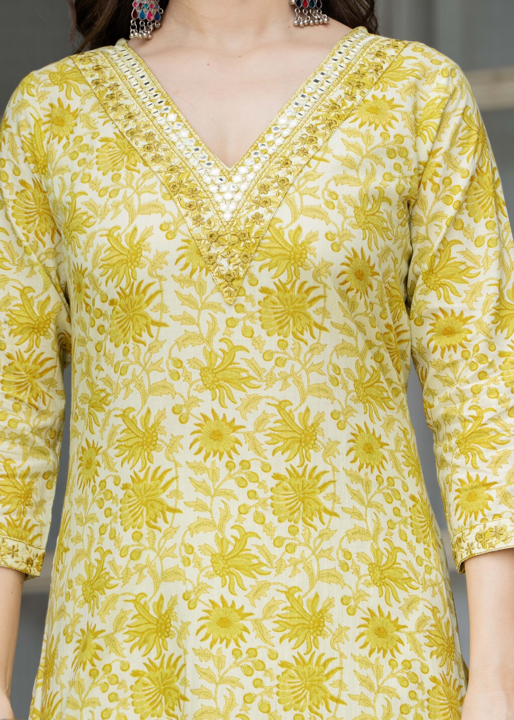 Yellow Ethnic Printed Round Neck Pure Cotton Kurta with Pant
