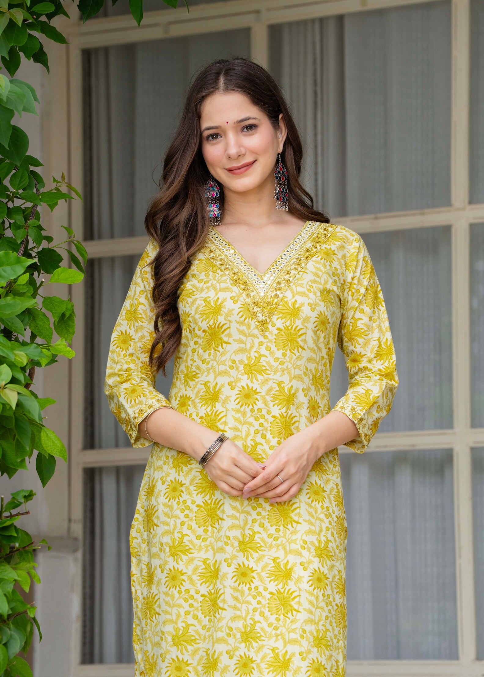 Yellow Ethnic Printed Round Neck Pure Cotton Kurta with Pant