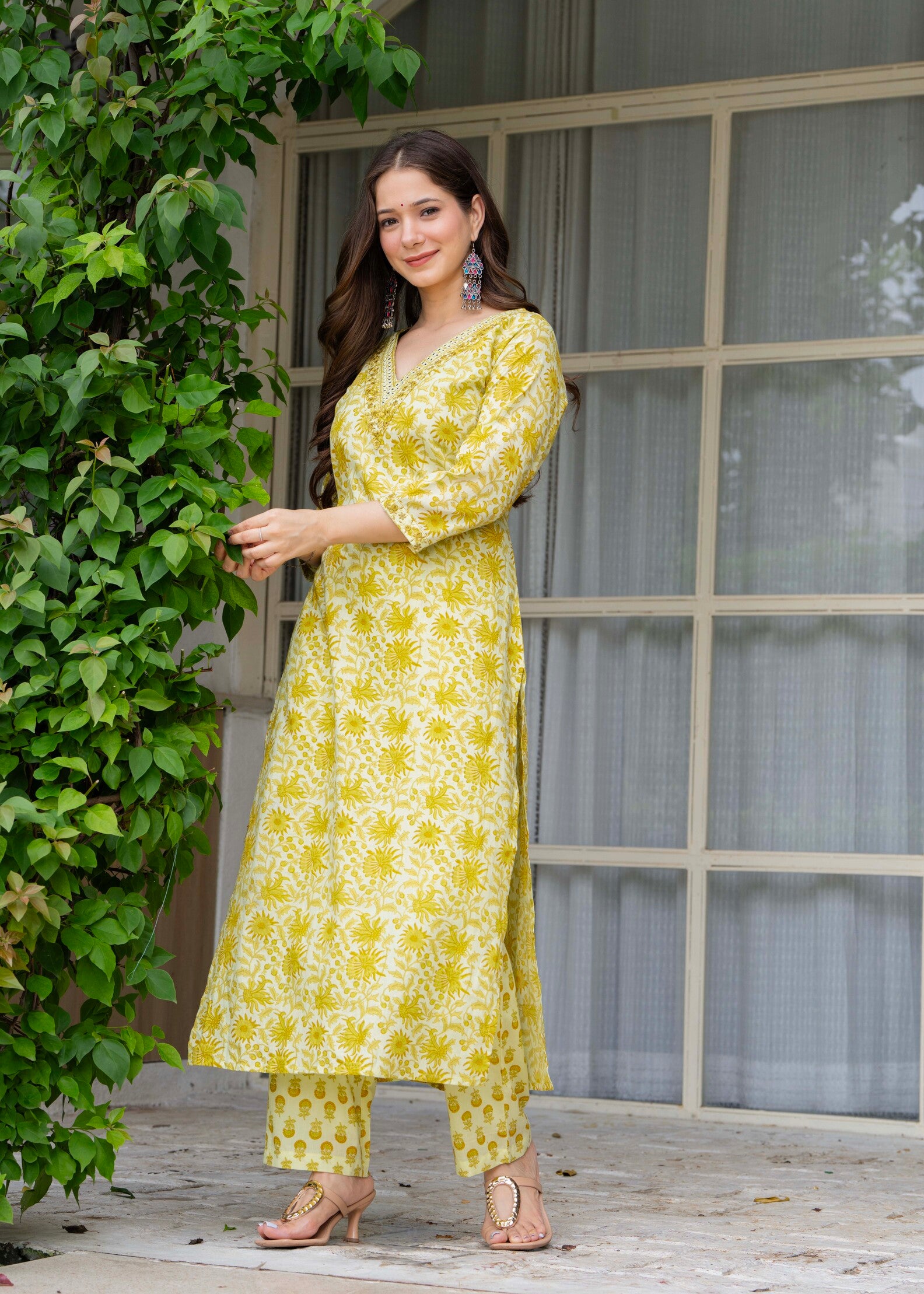 Yellow Ethnic Printed Round Neck Pure Cotton Kurta with Pant