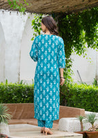 Aqua Blue Ethnic Printed Round Neck Pure Cotton Kurta with Pant