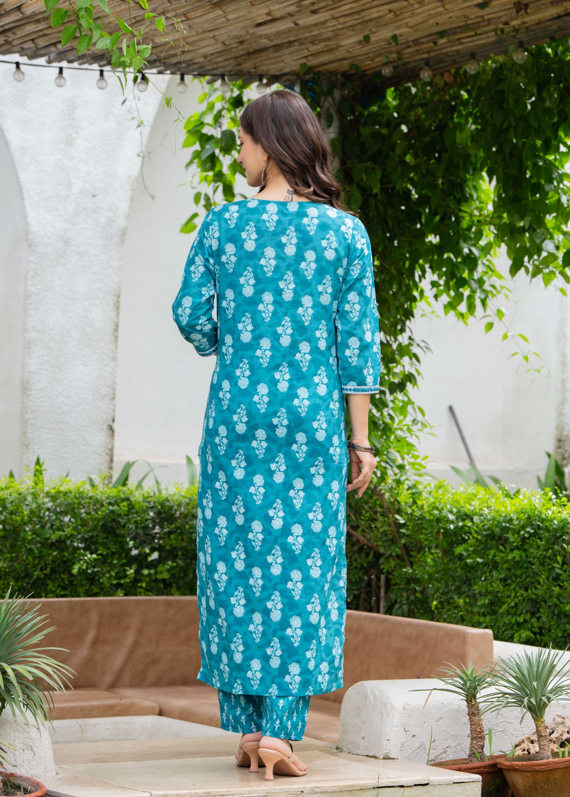 Aqua Blue Ethnic Printed Round Neck Pure Cotton Kurta with Pant