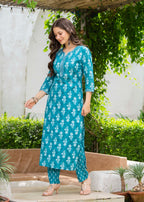 Aqua Blue Ethnic Printed Round Neck Pure Cotton Kurta with Pant