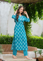 Aqua Blue Ethnic Printed Round Neck Pure Cotton Kurta with Pant