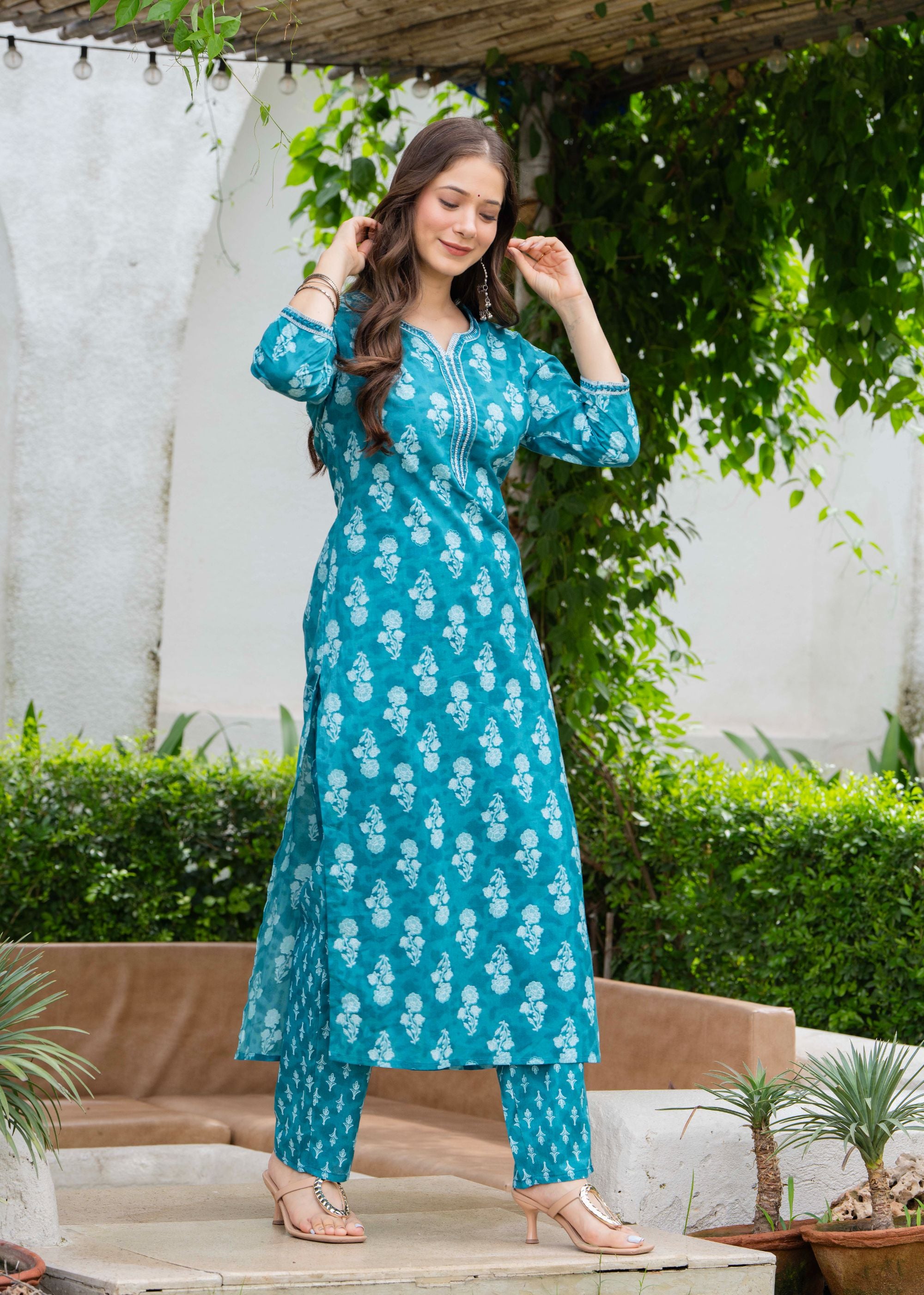 Aqua Blue Ethnic Printed Round Neck Pure Cotton Kurta with Pant