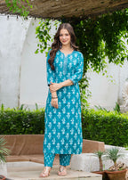 Aqua Blue Ethnic Printed Round Neck Pure Cotton Kurta with Pant
