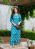 Aqua Blue Ethnic Printed Round Neck Pure Cotton Kurta with Pant