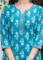 Aqua Blue Ethnic Printed Round Neck Pure Cotton Kurta with Pant