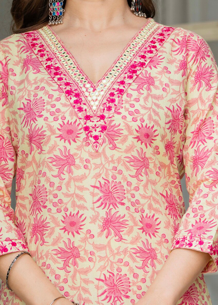 Pink Floral Ethnic Printed Round Neck Pure Cotton Kurta with Pant