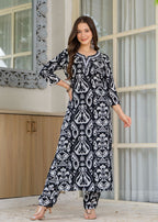 Black Ethnic Printed Round Neck Pure Cotton Kurta with Pant