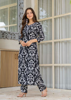 Black Ethnic Printed Round Neck Pure Cotton Kurta with Pant