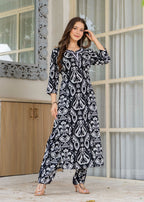 Black Ethnic Printed Round Neck Pure Cotton Kurta with Pant