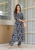 Black Ethnic Printed Round Neck Pure Cotton Kurta with Pant