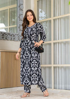 Black Ethnic Printed Round Neck Pure Cotton Kurta with Pant