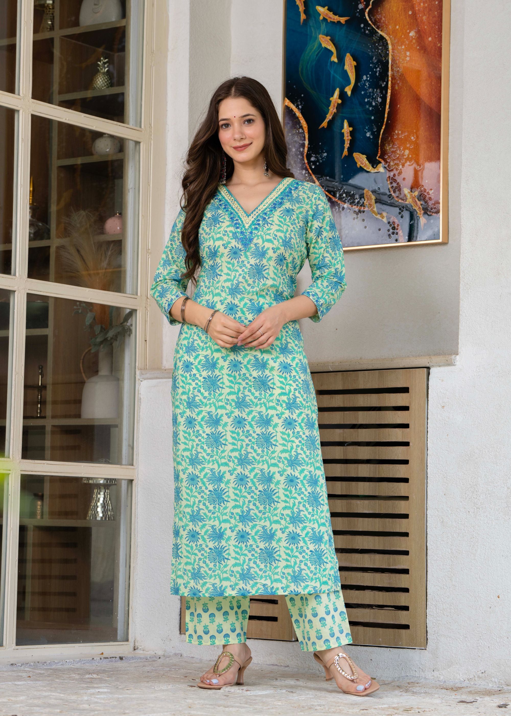 Aqua Blue Ethnic Printed Round Neck Pure Cotton Kurta with Pant