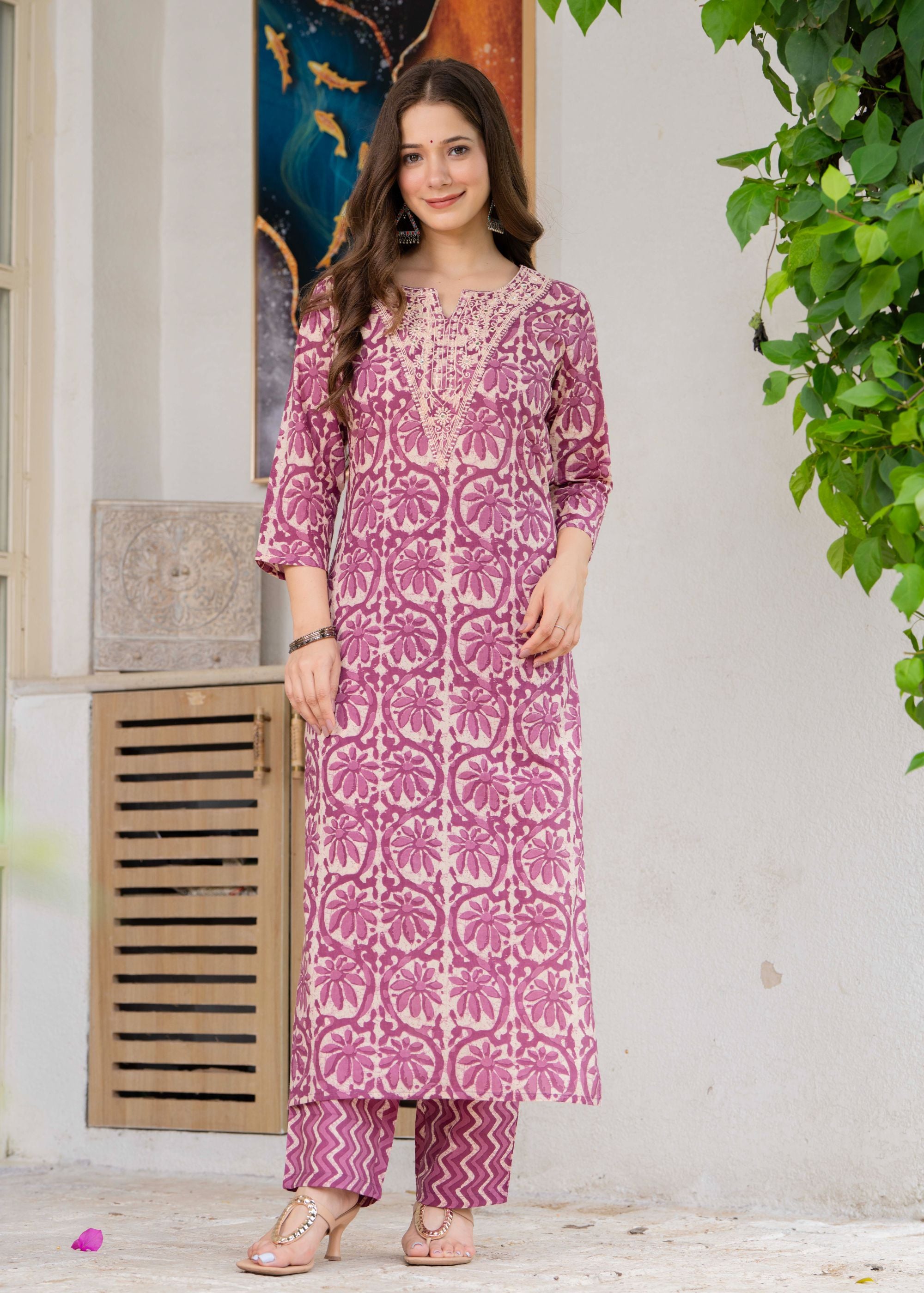 Aqua Blue Ethnic Printed Round Neck Pure Cotton Kurta with Pant