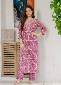Onion Pink Ethnic Printed Round Neck Pure Cotton Kurta with Pant