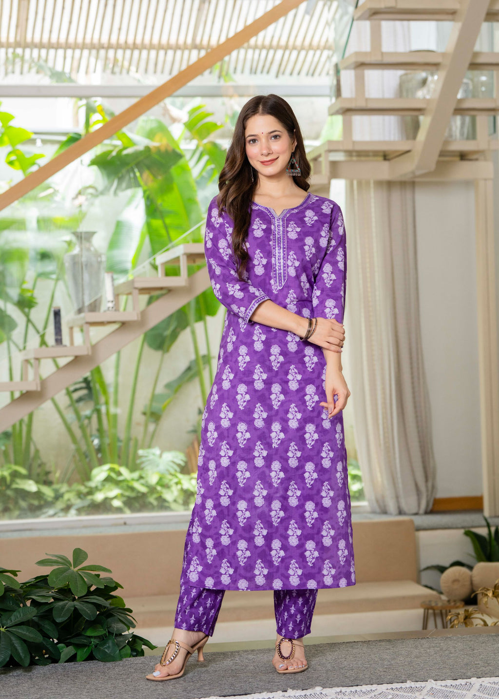 Black Ethnic Printed Round Neck Pure Cotton Kurta with Pant