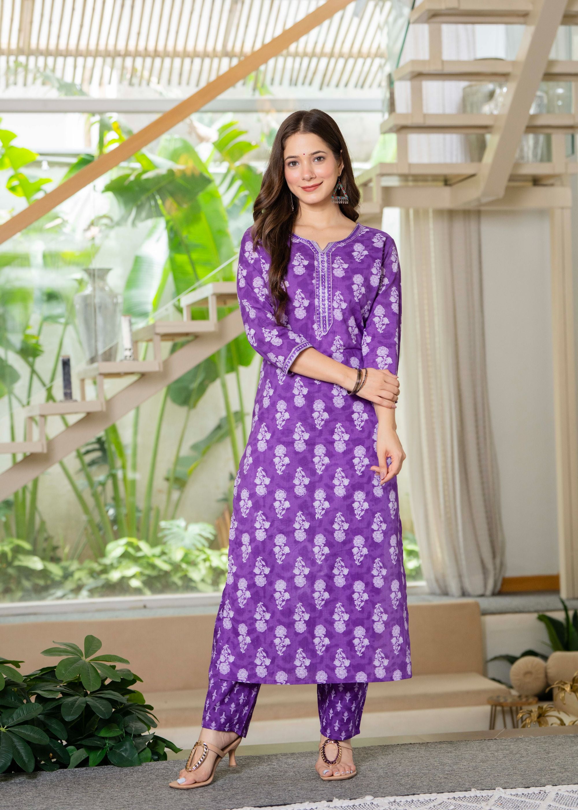 Aqua Blue Ethnic Printed Round Neck Pure Cotton Kurta with Pant