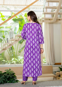 Light Purple Ethnic Printed Round Neck Pure Cotton Kurta with Pant
