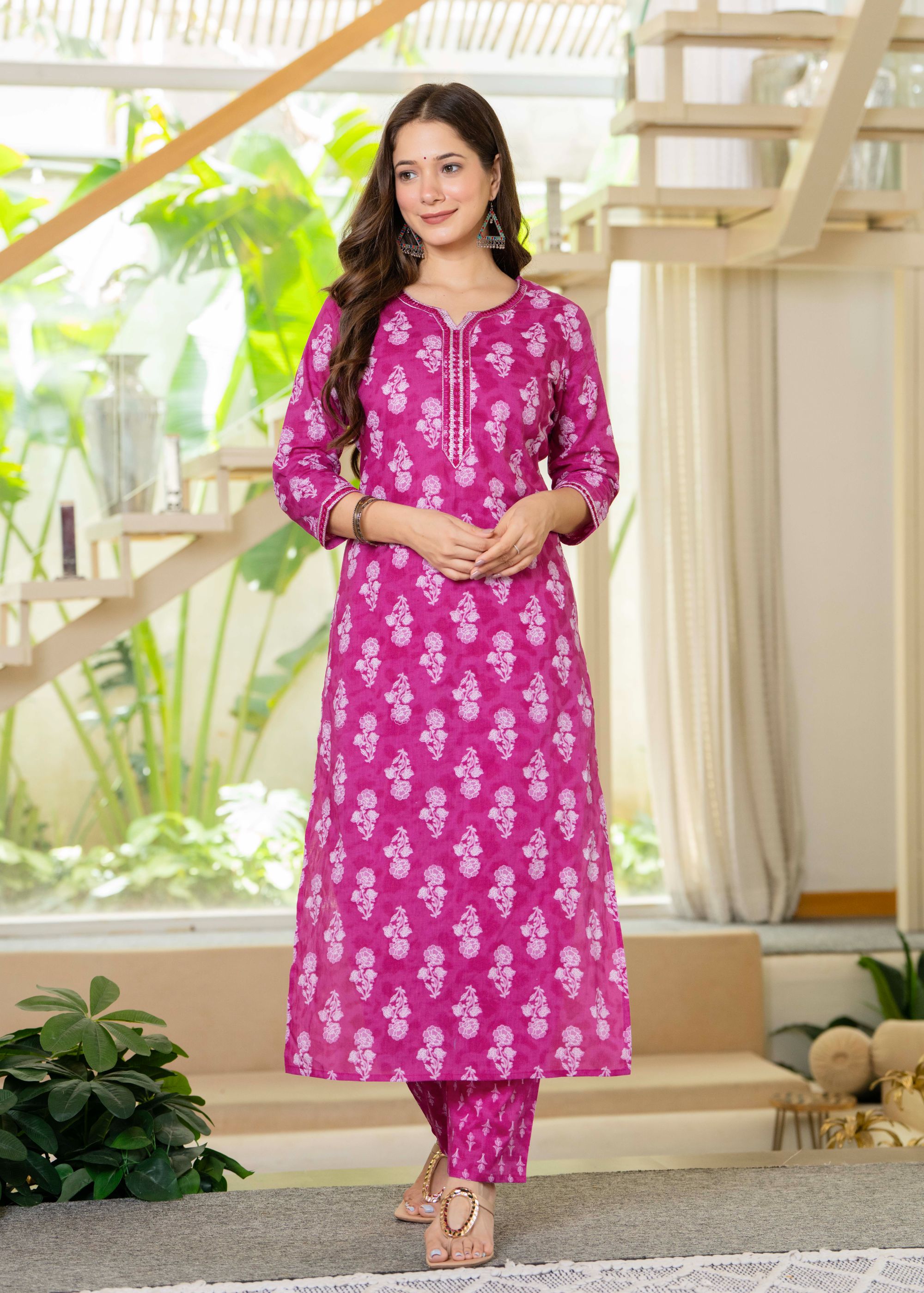 Aqua Blue Ethnic Printed Round Neck Pure Cotton Kurta with Pant