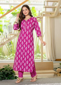 Dark Pink Ethnic Printed Round Neck Pure Cotton Kurta with Pant